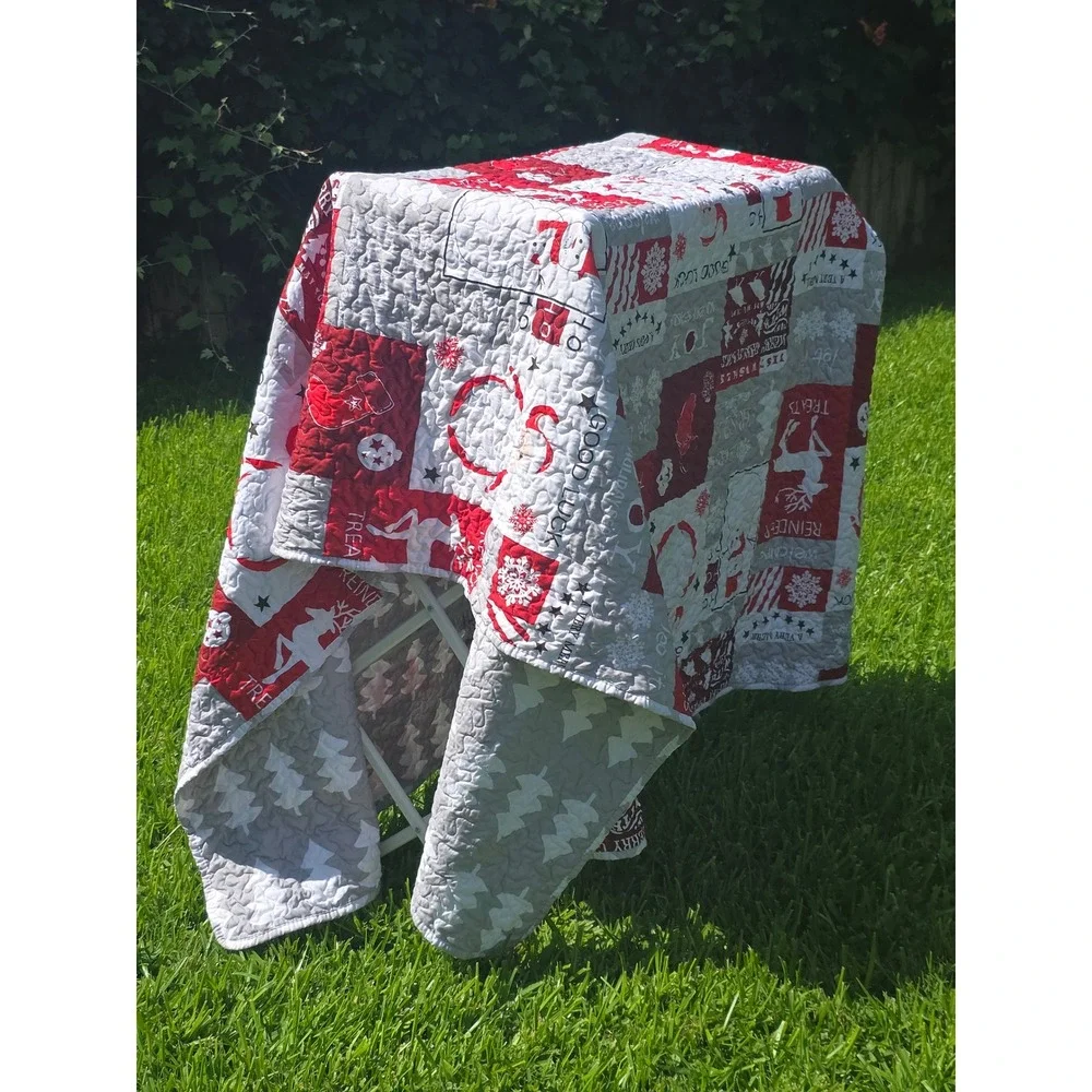 Newspin Christmas Quilt Reversible Santa Reindeer Holiday Patchwork Red Grey